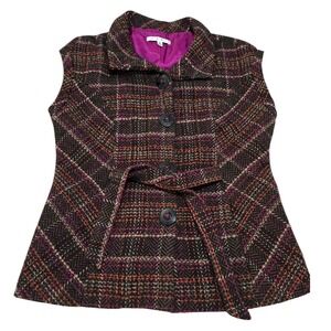 Cabi Plaid Tweed Vest Women's Size M Brown Pink Orange Button Front Belted Lined
